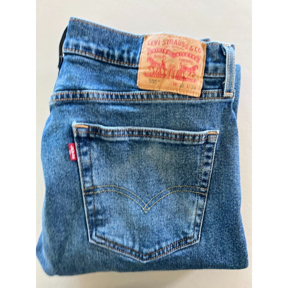 Levis 505 Mens Straight Leg Blue Denim Jeans Tag 33x34 Fits 31x34 - GOOD FADE